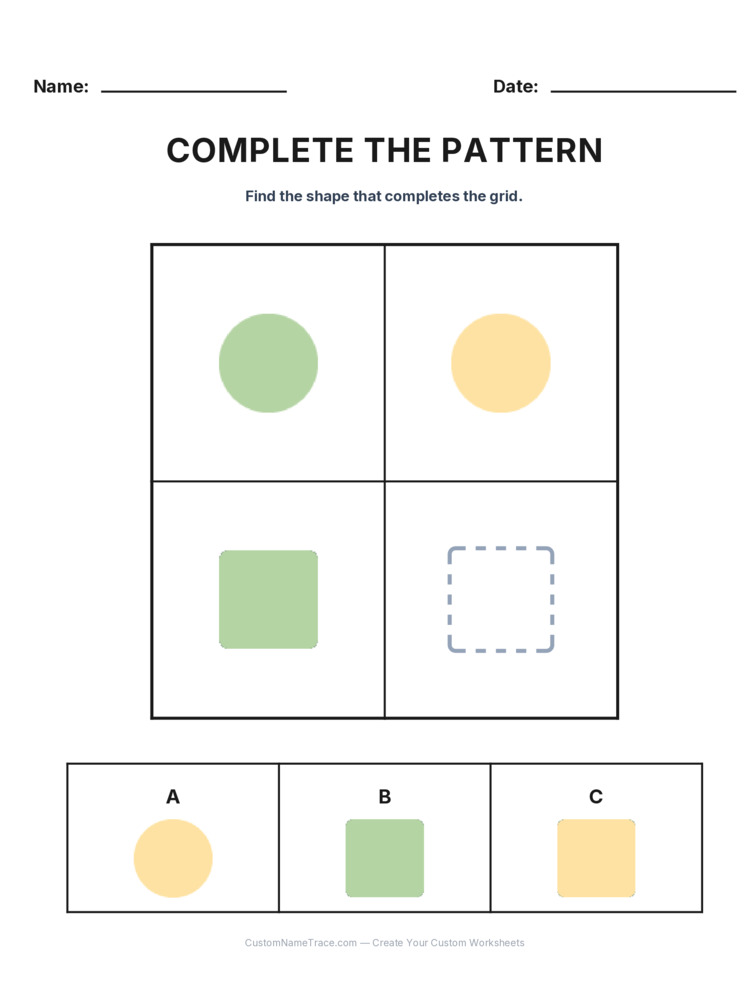 Grade 2 Complete the Pattern logic worksheet 2 for kids