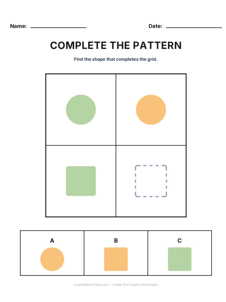 Grade 2 Complete the Pattern logic worksheet 20 for kids