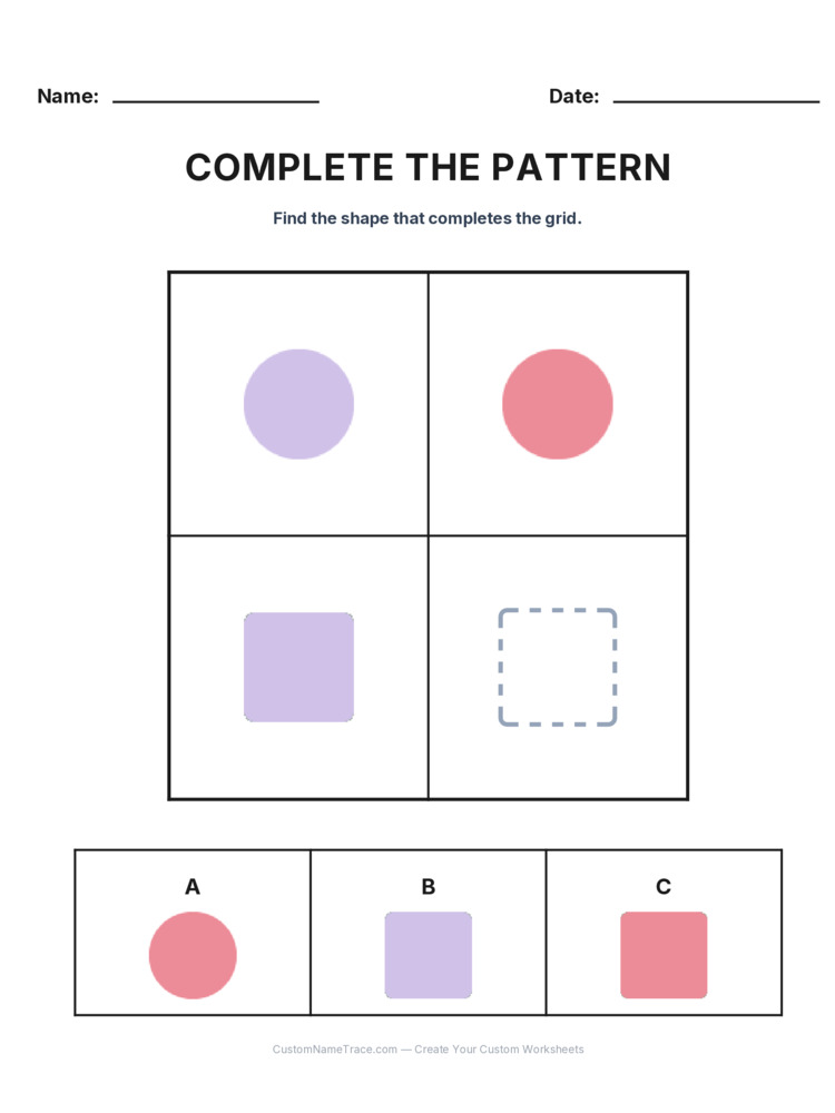 Grade 2 Complete the Pattern logic worksheet 21 for kids