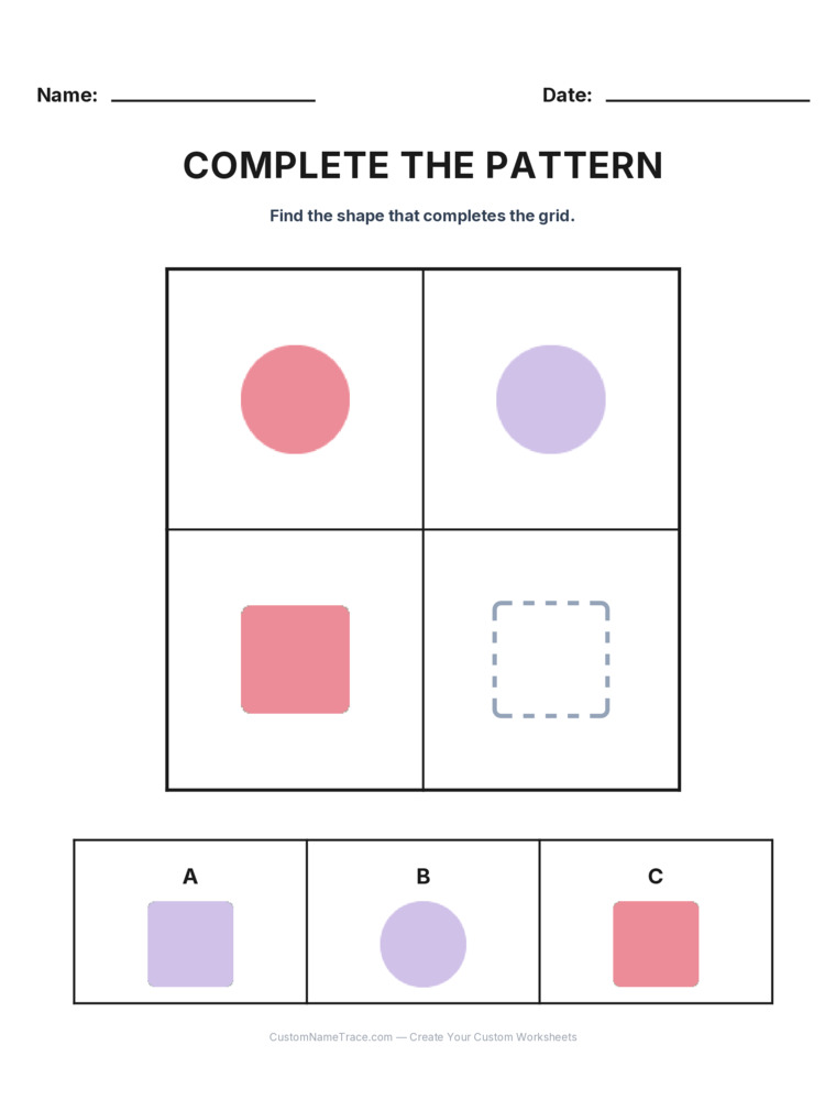 Grade 2 Complete the Pattern logic worksheet 22 for kids