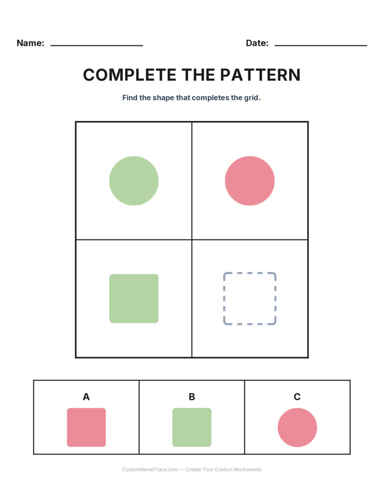Grade 2 Complete the Pattern logic worksheet 3 for kids