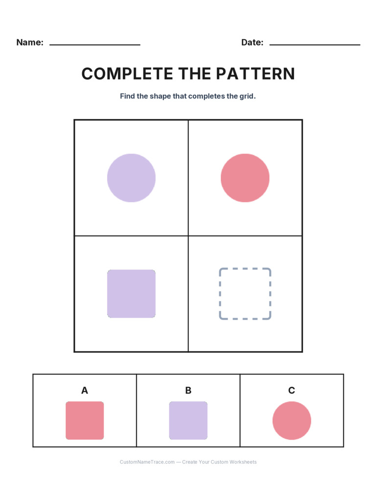 Grade 2 Complete the Pattern logic worksheet 30 for kids