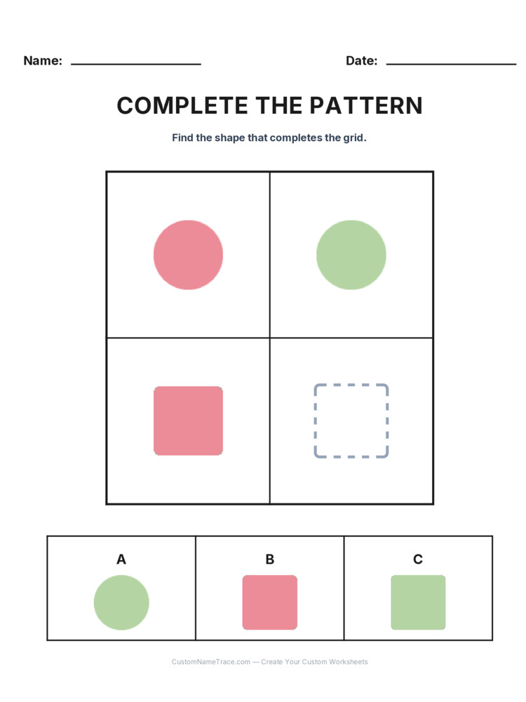 Grade 2 Complete the Pattern logic worksheet 5 for kids