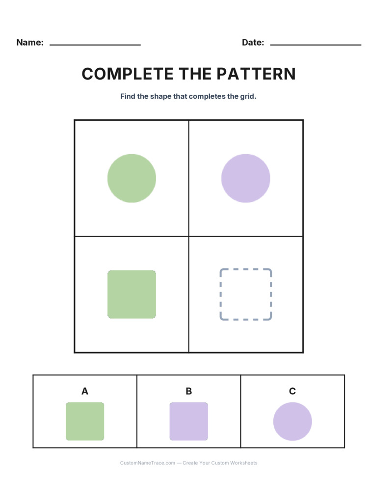 Grade 2 Complete the Pattern logic worksheet 8 for kids