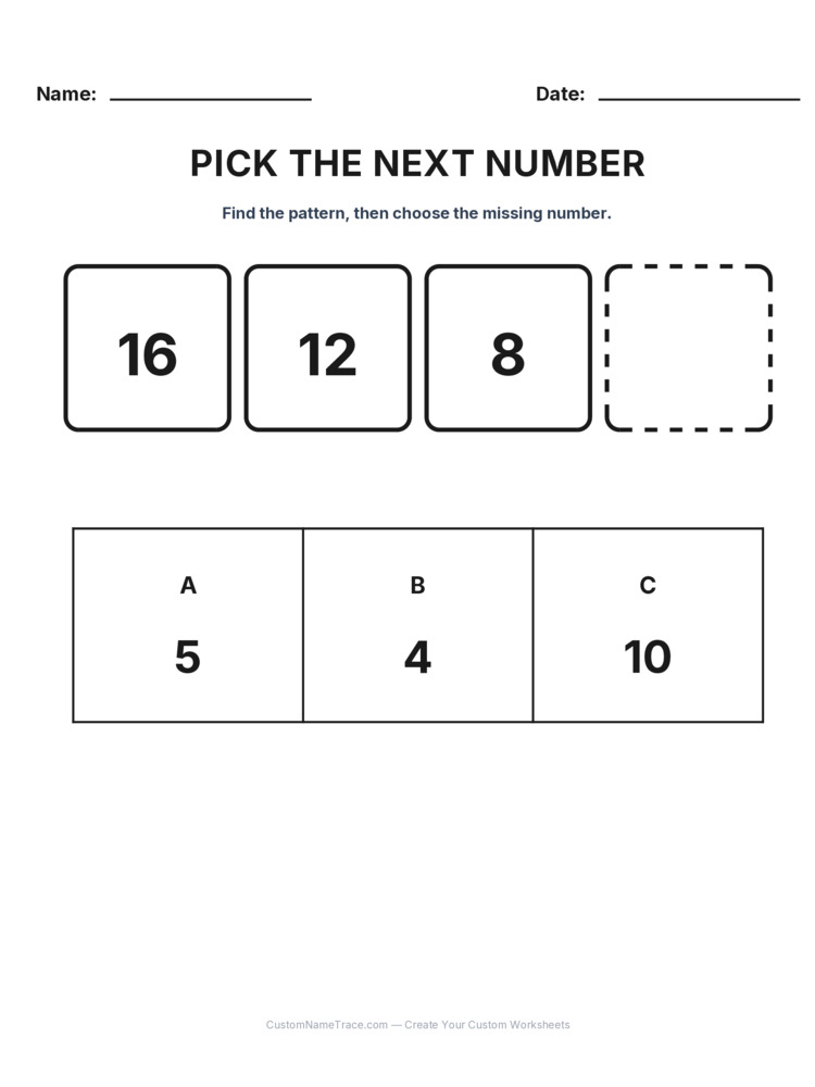 Grade 2 Pick the Next Number logic worksheet 11 for kids