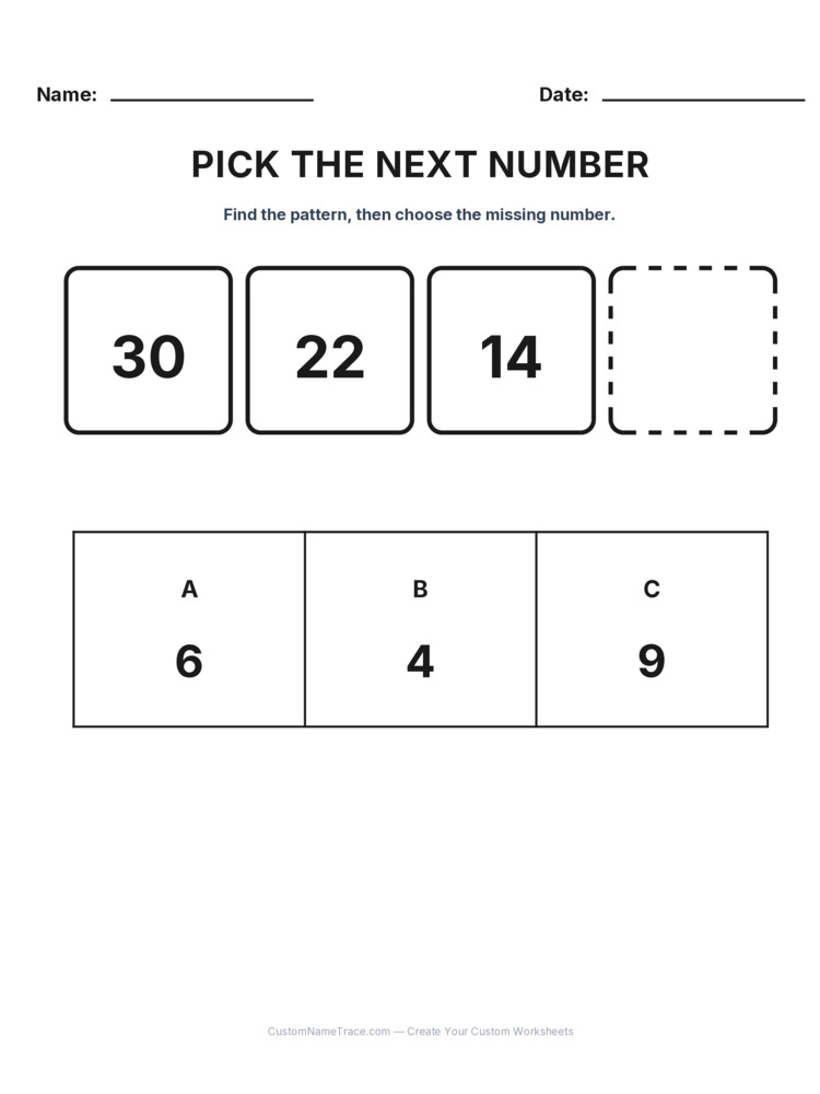 Grade 2 Pick the Next Number logic worksheet 12 for kids