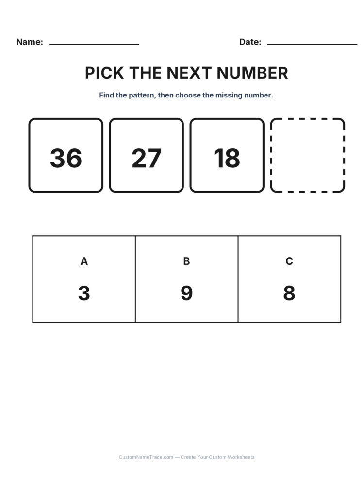 Grade 2 Pick the Next Number logic worksheet 13 for kids