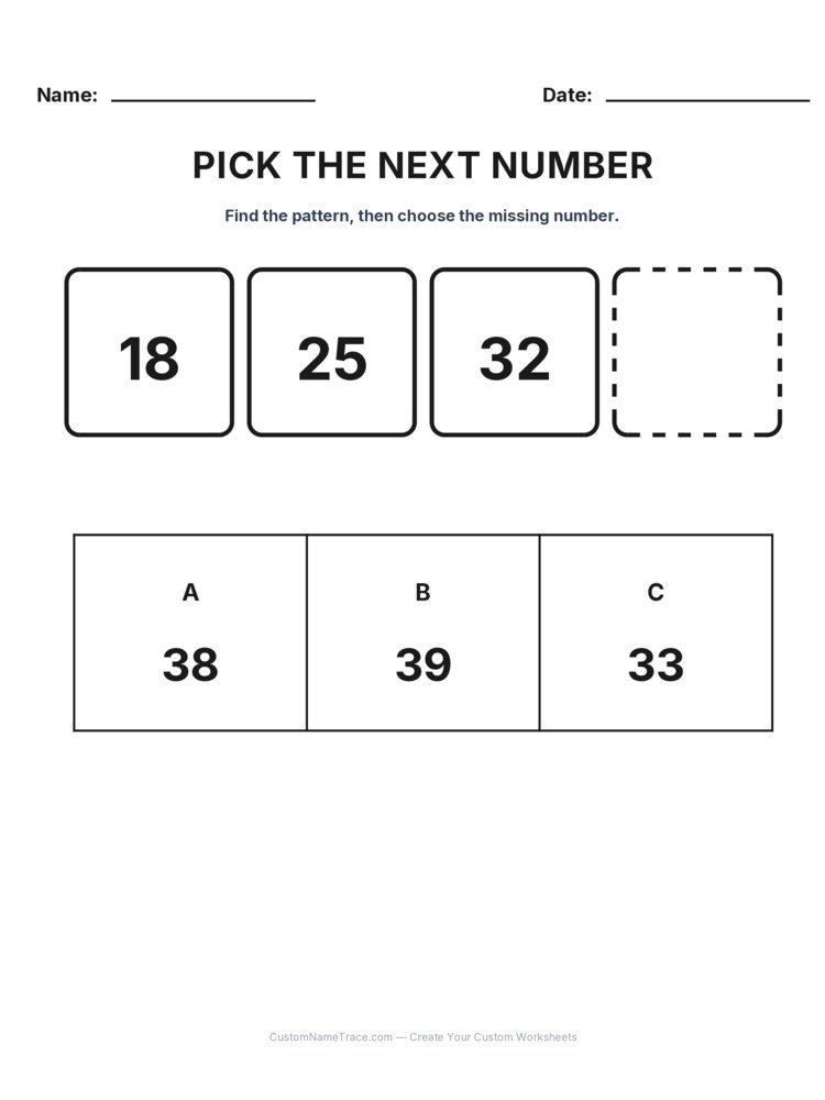 Grade 2 Pick the Next Number logic worksheet 16 for kids