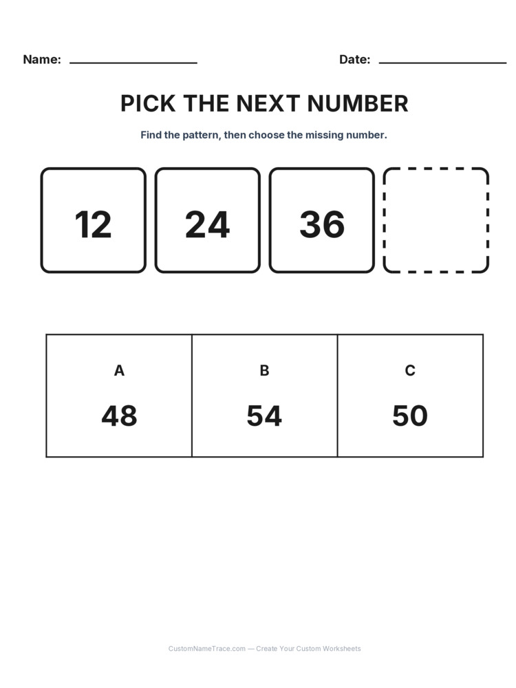 Grade 2 Pick the Next Number logic worksheet 25 for kids