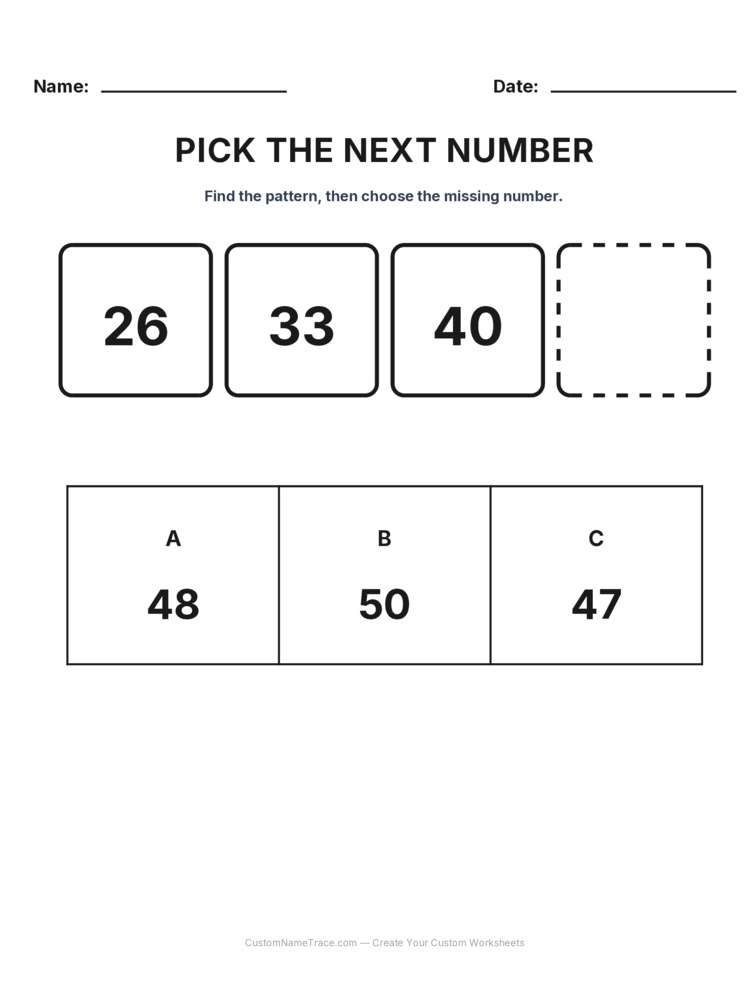 Grade 2 Pick the Next Number logic worksheet 7 for kids