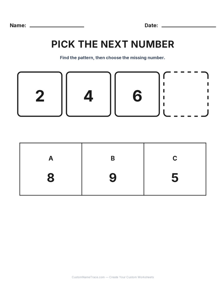 Grade 2 Pick the Next Number logic worksheet 8 for kids