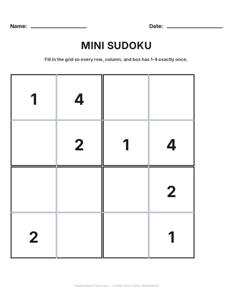 Grade 3 Mini Sudoku logic worksheet 10 for kids