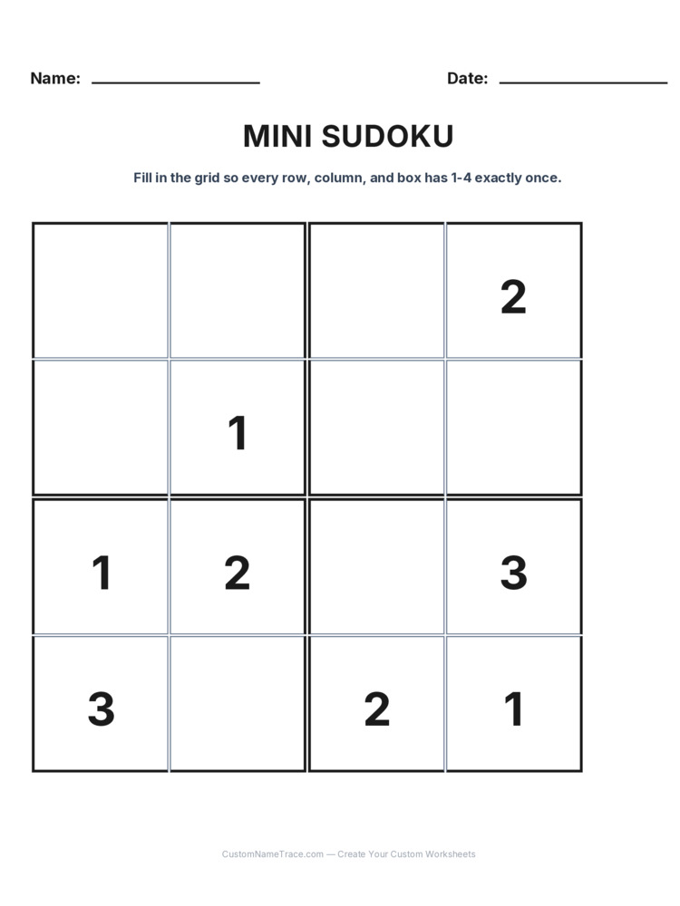 Grade 3 Mini Sudoku logic worksheet 11 for kids