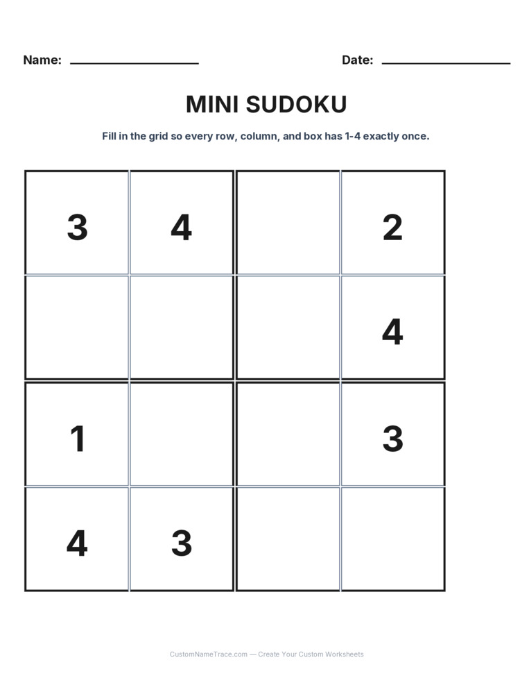 Grade 3 Mini Sudoku logic worksheet 12 for kids