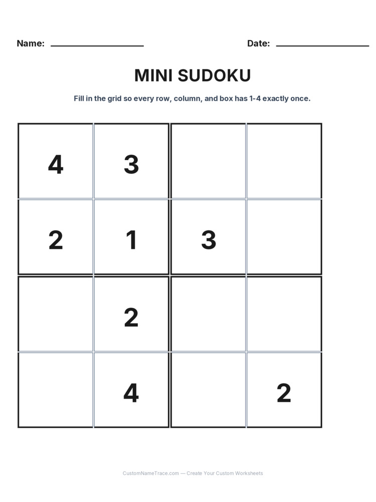 Grade 3 Mini Sudoku logic worksheet 13 for kids