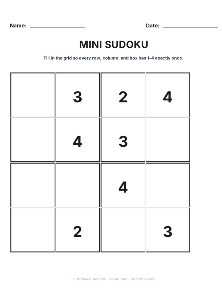 Grade 3 Mini Sudoku logic worksheet 15 for kids