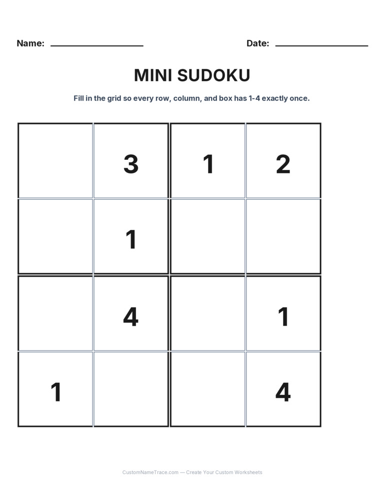 Grade 3 Mini Sudoku logic worksheet 16 for kids