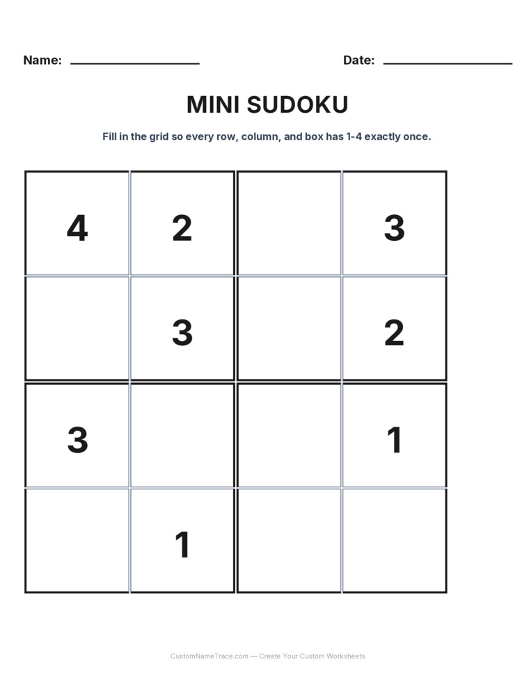 Grade 3 Mini Sudoku logic worksheet 17 for kids