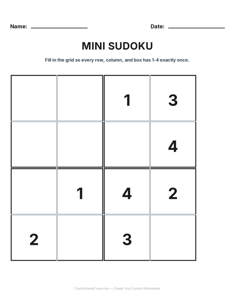 Grade 3 Mini Sudoku logic worksheet 18 for kids