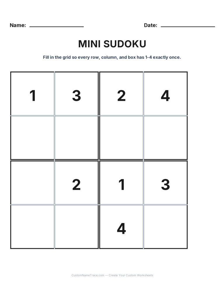 Grade 3 Mini Sudoku logic worksheet 2 for kids