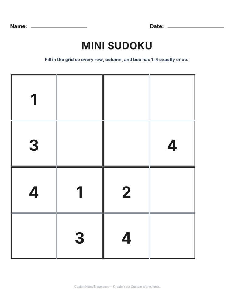 Grade 3 Mini Sudoku logic worksheet 20 for kids
