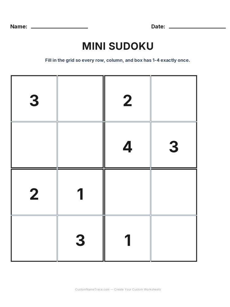 Grade 3 Mini Sudoku logic worksheet 22 for kids