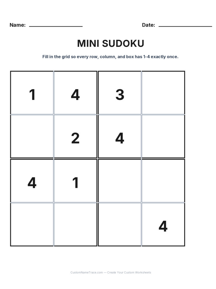Grade 3 Mini Sudoku logic worksheet 24 for kids