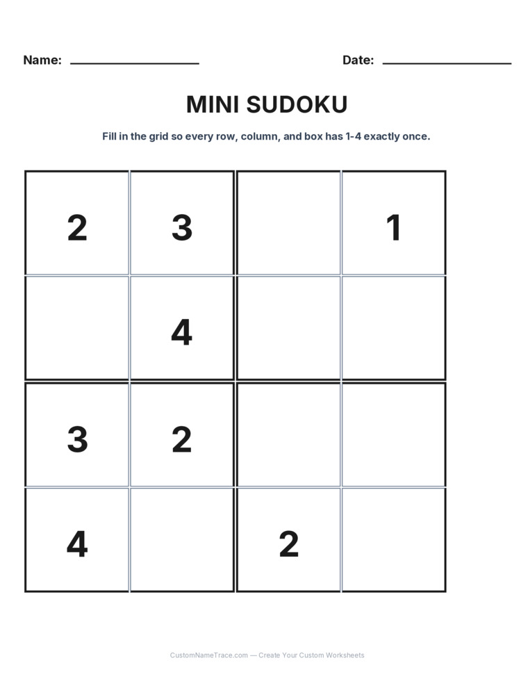 Grade 3 Mini Sudoku logic worksheet 25 for kids