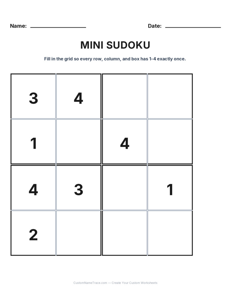 Grade 3 Mini Sudoku logic worksheet 27 for kids
