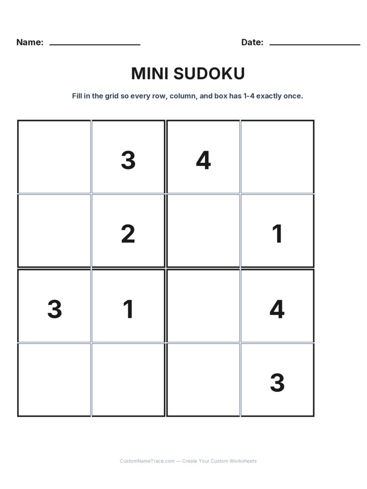 Grade 3 Mini Sudoku logic worksheet 28 for kids
