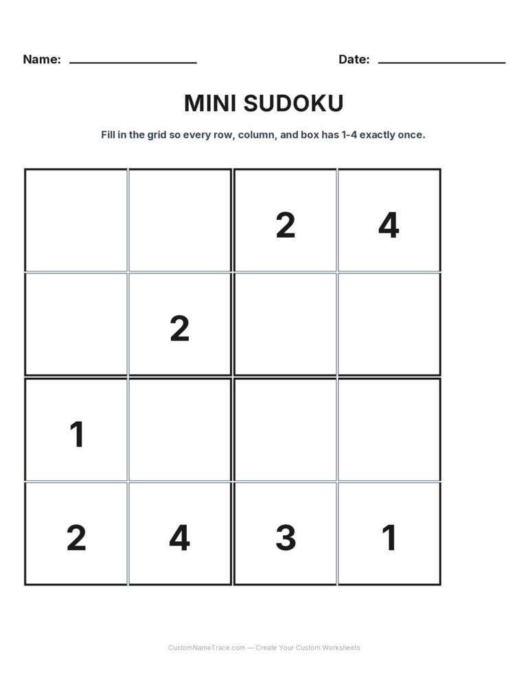 Grade 3 Mini Sudoku logic worksheet 29 for kids