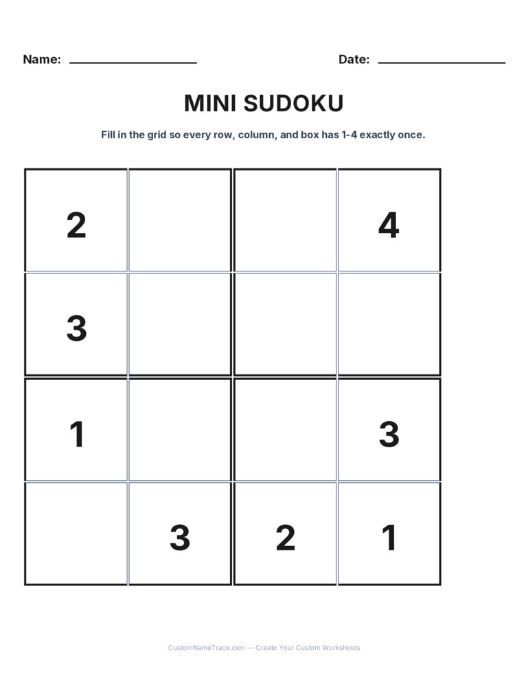 Grade 3 Mini Sudoku logic worksheet 3 for kids