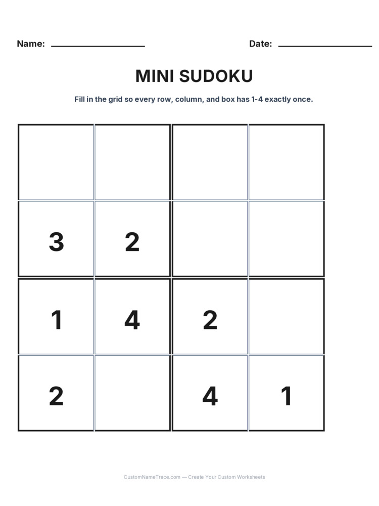 Grade 3 Mini Sudoku logic worksheet 30 for kids