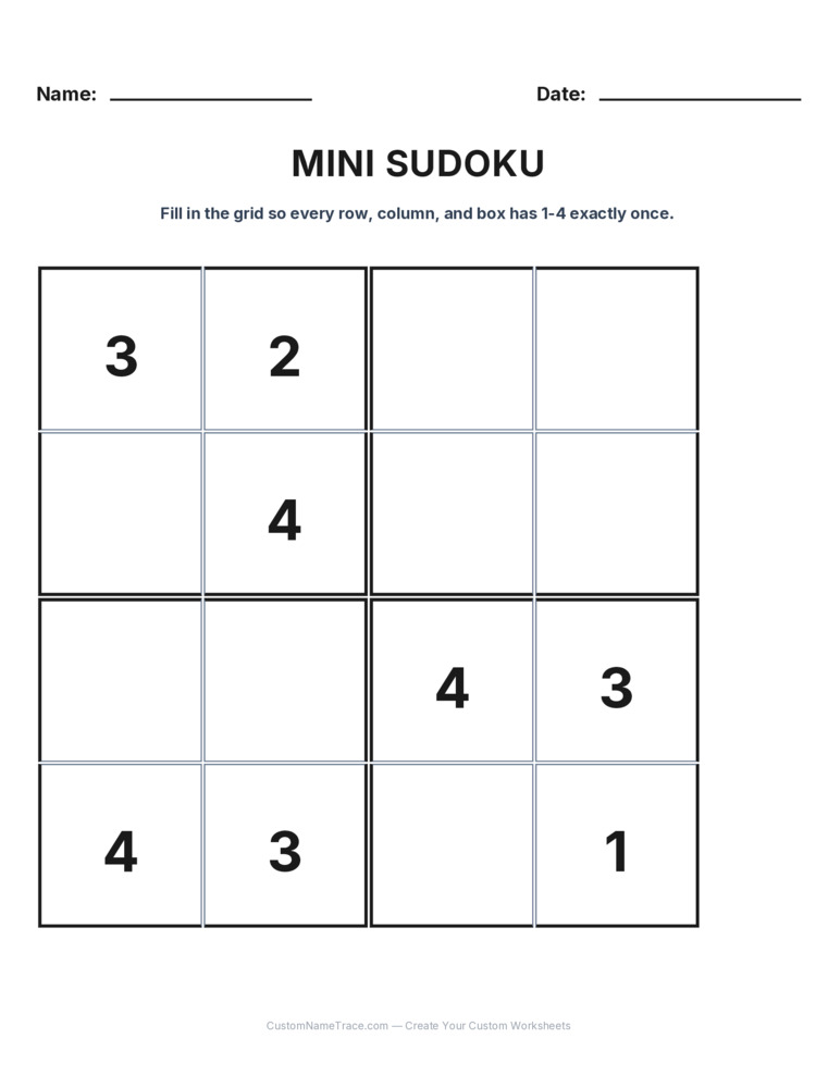 Grade 3 Mini Sudoku logic worksheet 4 for kids