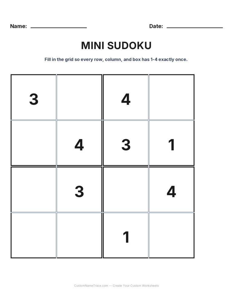 Grade 3 Mini Sudoku logic worksheet 5 for kids