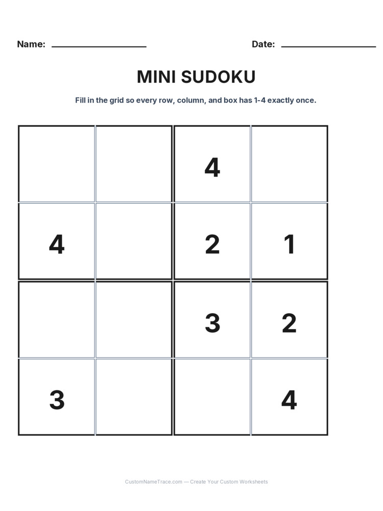 Grade 3 Mini Sudoku logic worksheet 6 for kids
