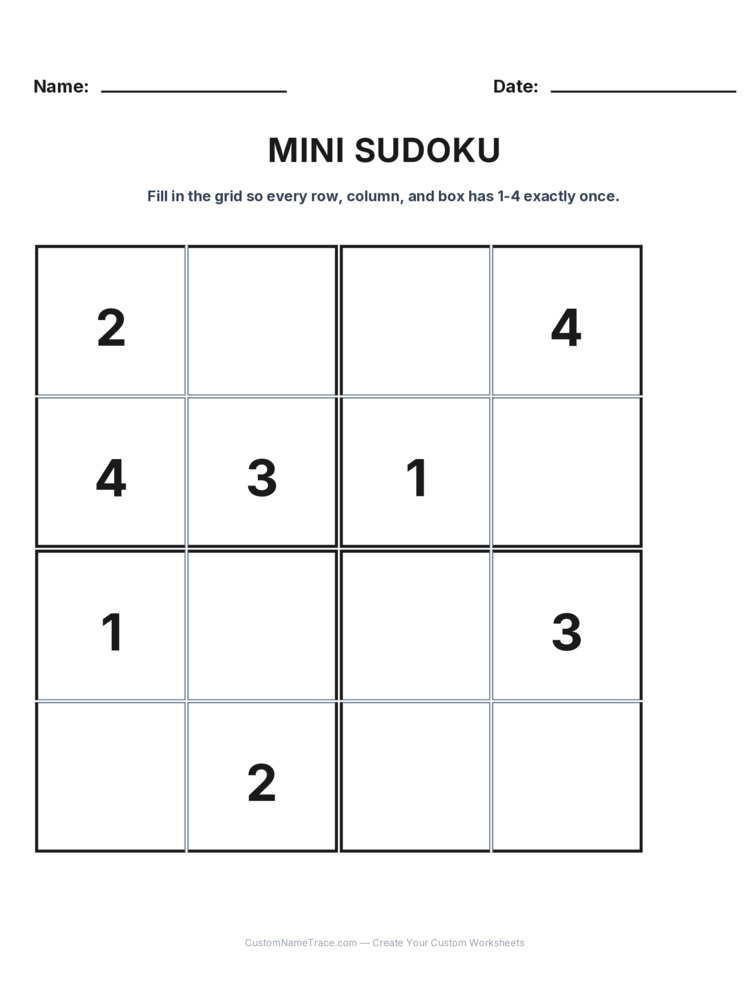 Grade 3 Mini Sudoku logic worksheet 7 for kids