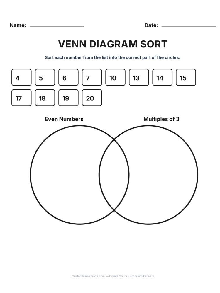 Grade 3 Venn Diagram logic worksheet 11 for kids