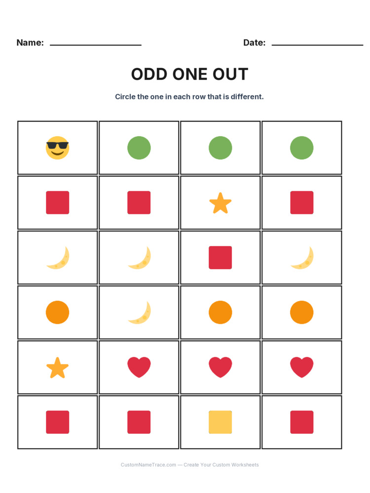 Kindergarten Odd One Out logic worksheet 2 for kids
