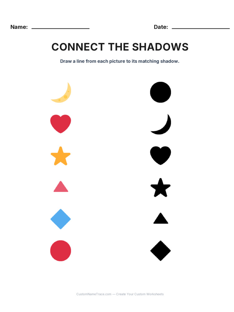 Kindergarten Connect the Shadows logic worksheet 2 for kids