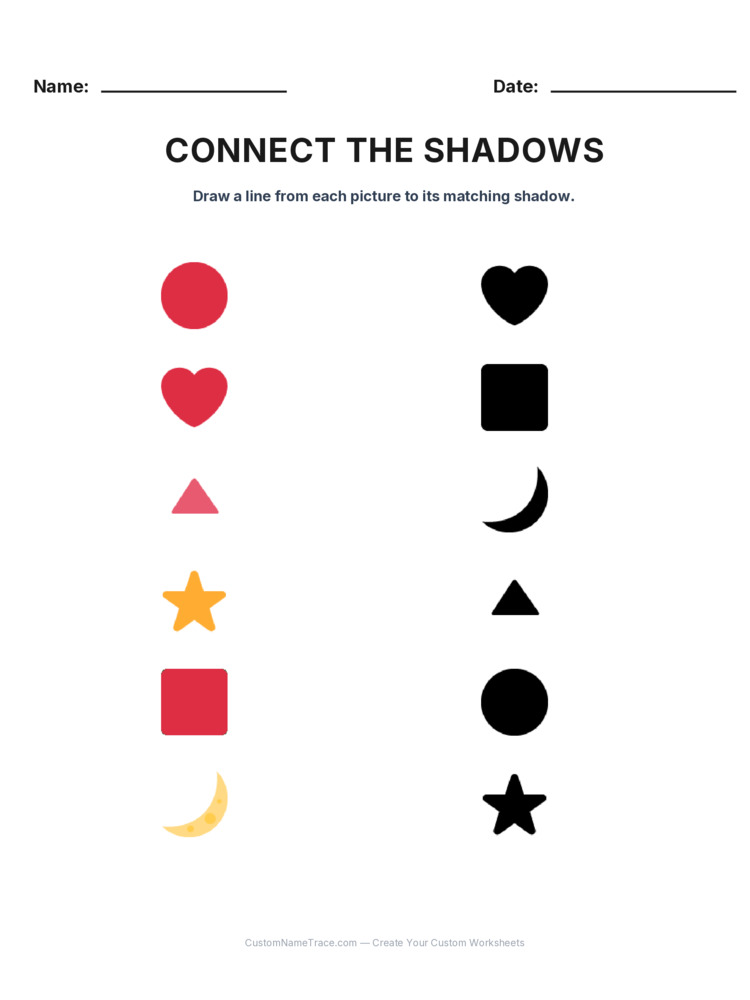 Kindergarten Connect the Shadows logic worksheet 3 for kids