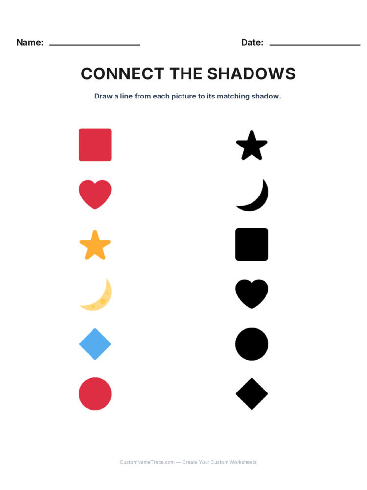 Kindergarten Connect the Shadows logic worksheet 6 for kids