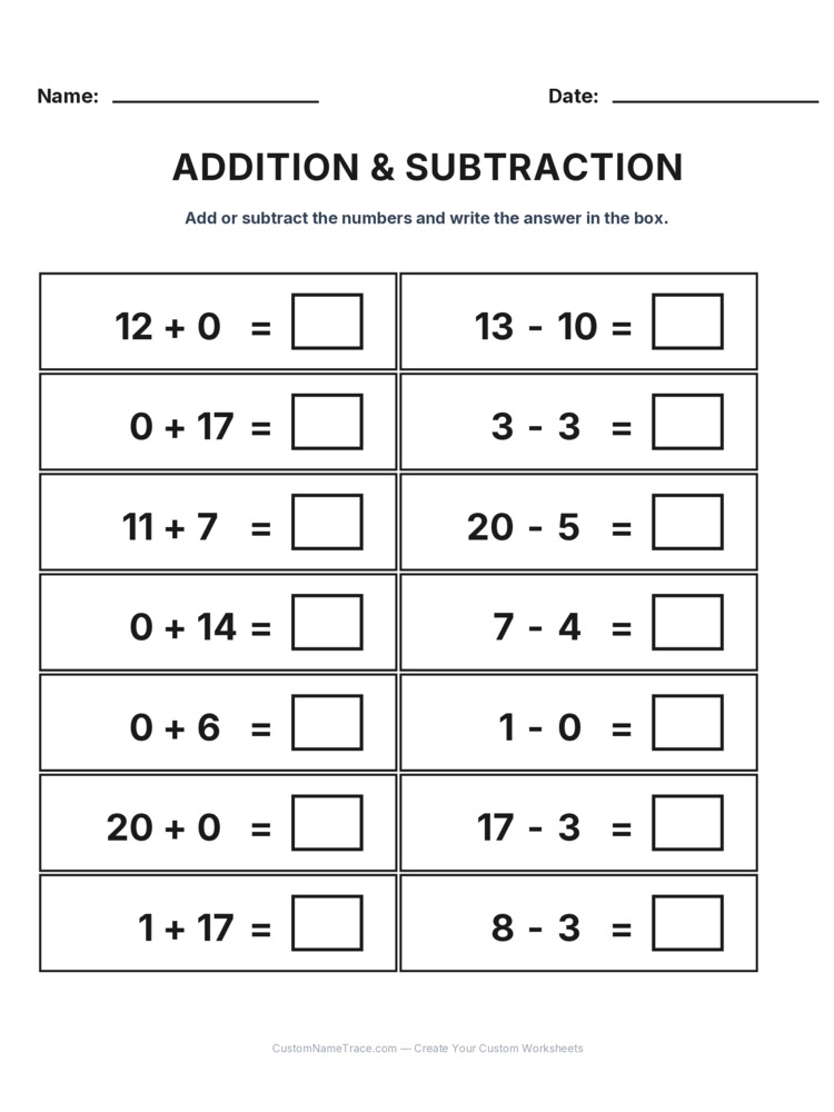 addition & subtraction mixed review - a bundle of 10 printable worksheets for kids