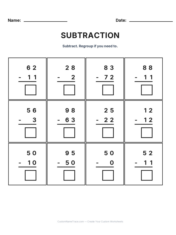 subtraction no regrouping - a bundle of 10 printable worksheets for kids