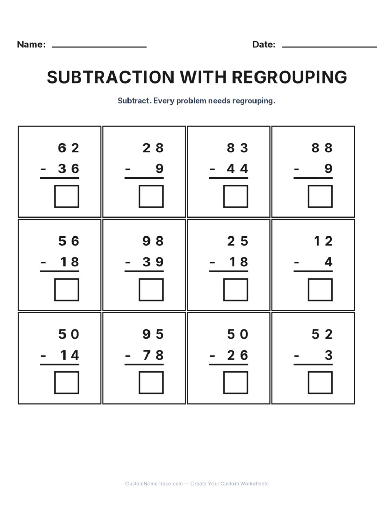 subtraction regrouping - a bundle of 10 printable worksheets for kids
