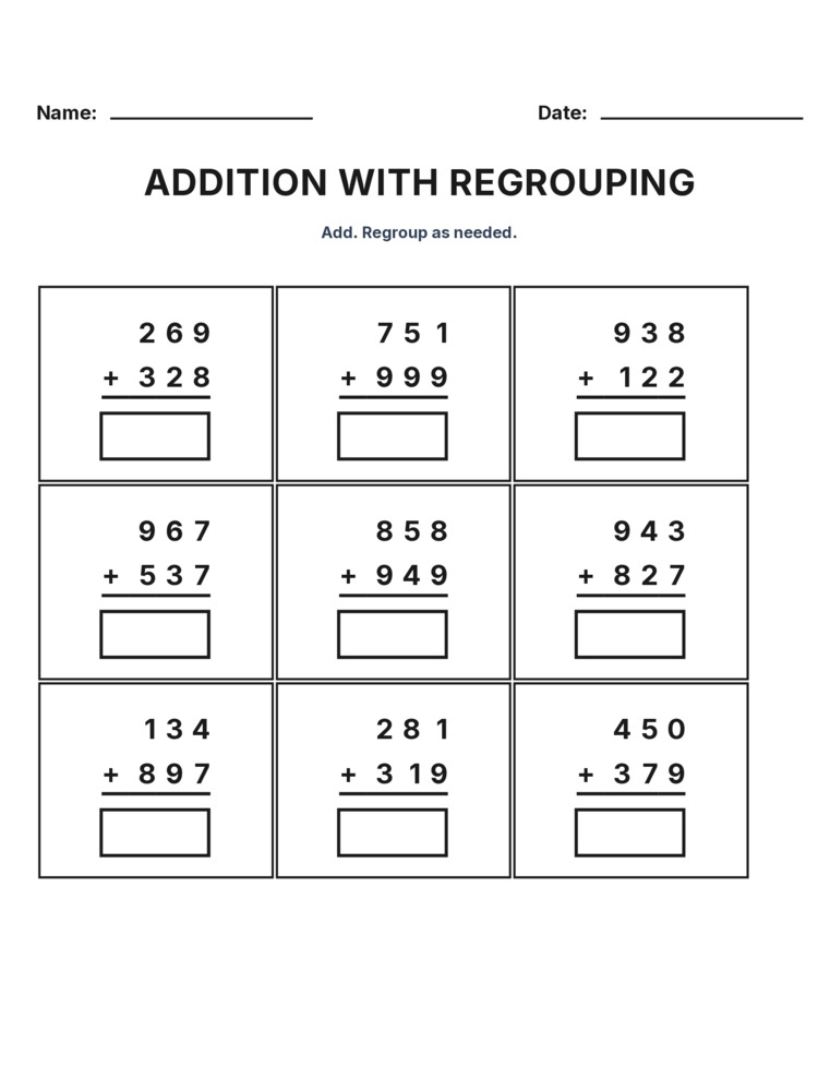 addition regrouping - a bundle of 10 printable worksheets for kids