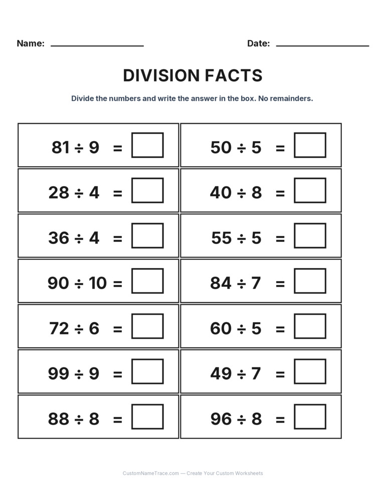 division basic facts - a bundle of 10 printable worksheets for kids