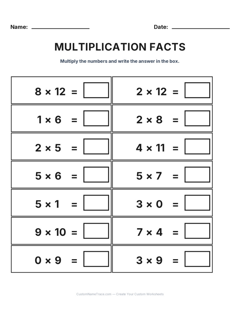 multiplication facts 0-12 - a bundle of 10 printable worksheets for kids