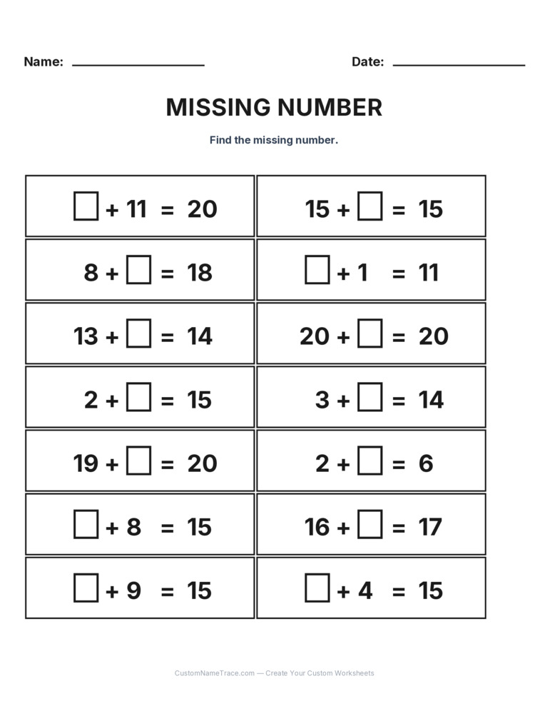 Grade 1 Addition Missing Number worksheet 1 for kids