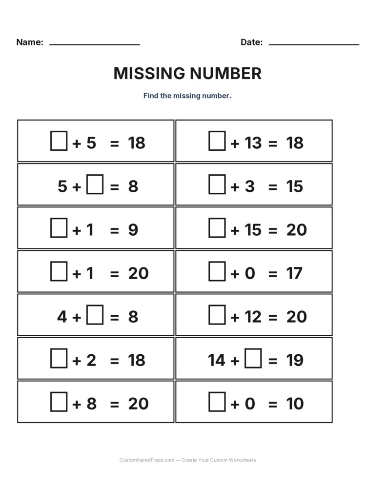 Grade 1 Addition Missing Number worksheet 10 for kids